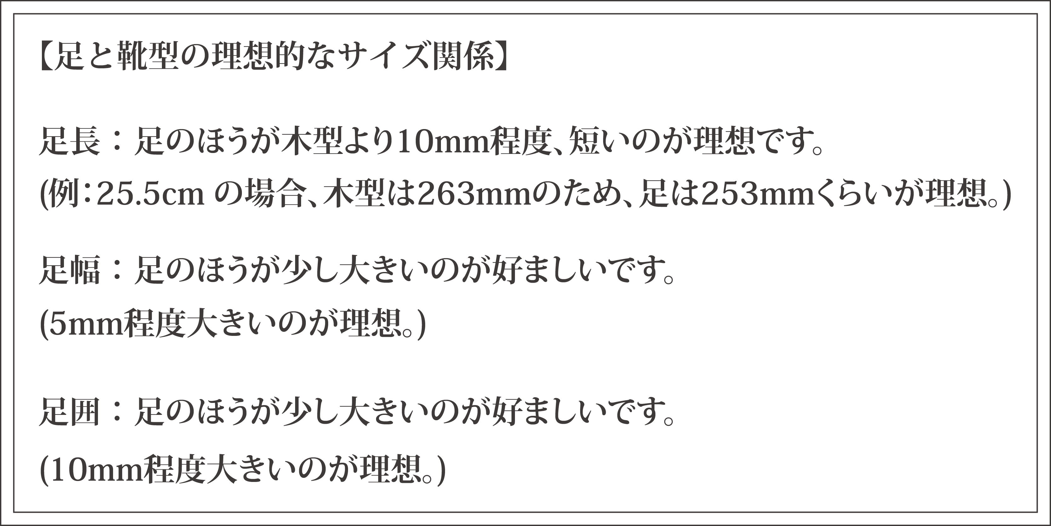 靴のサイズ選びの目安と補足説明 (足長・足幅からの推奨サイズ)